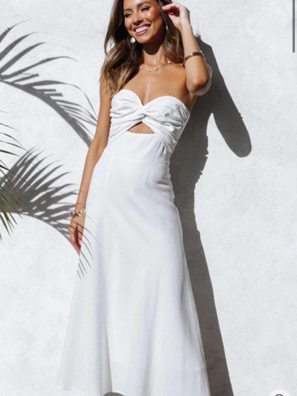 Petal & Pup Rosetta White Strapless Twist Front Cutout Linen Midi Dress